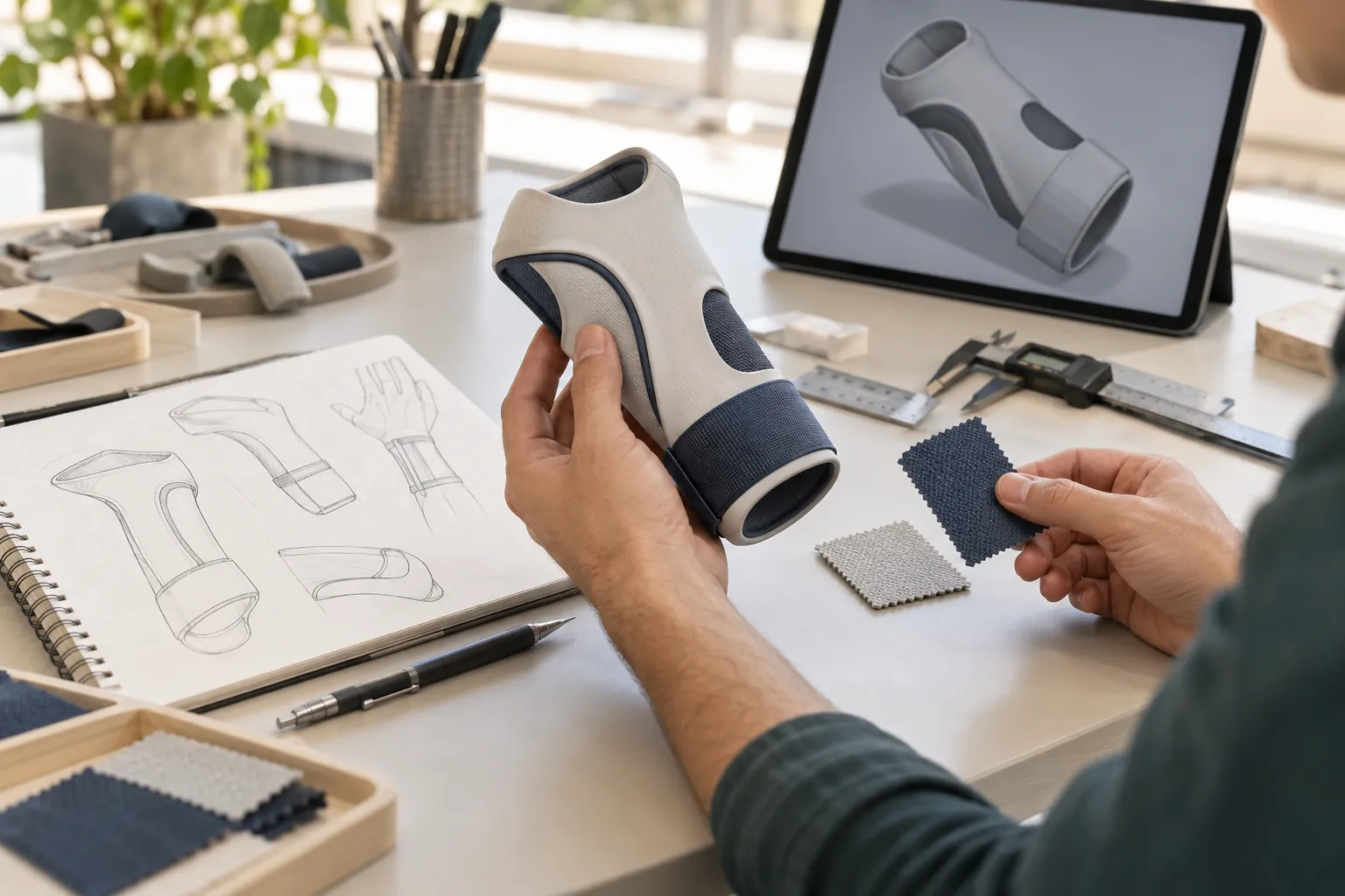 Wrist support prototype with fabric samples, sketches and a 3D design