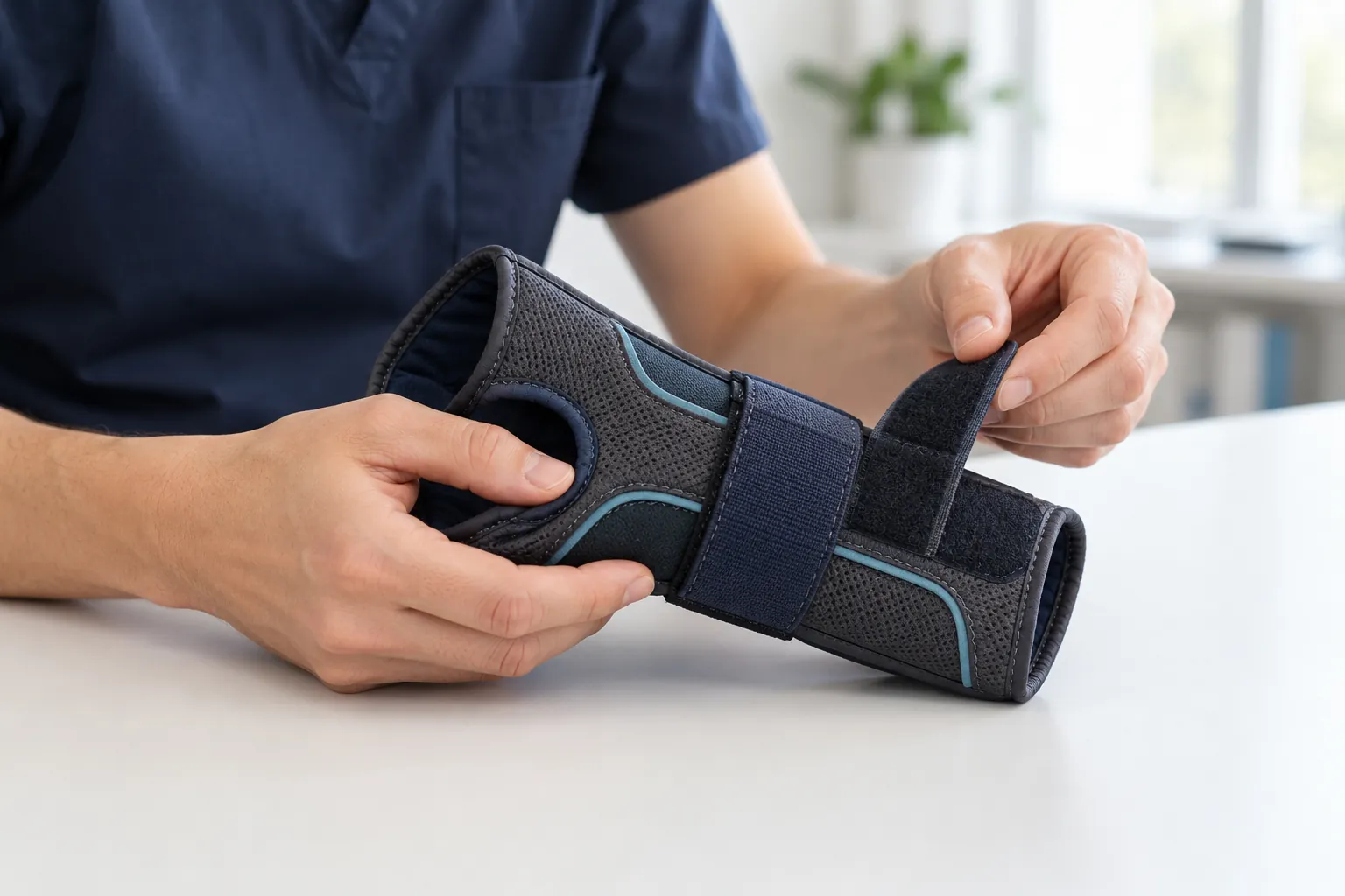 Hands checking the fit of a navy wrist support